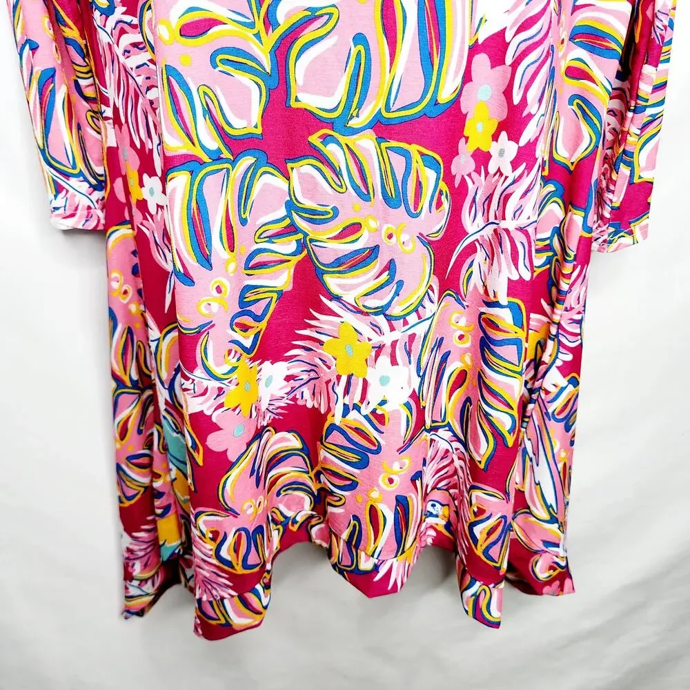 Women's Medium Pink Tropical Print Tunic Top 3/4 Sleeve Resort Wear Bold Print - Picture 7 of 13